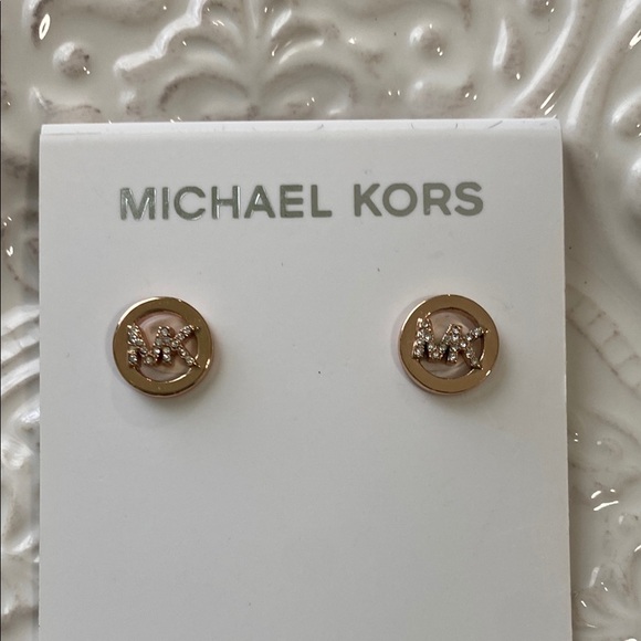 Michael Kors Rose Gold Engraved Studs Circle Earrings Classic Simple Elegant - Picture 5 of 11